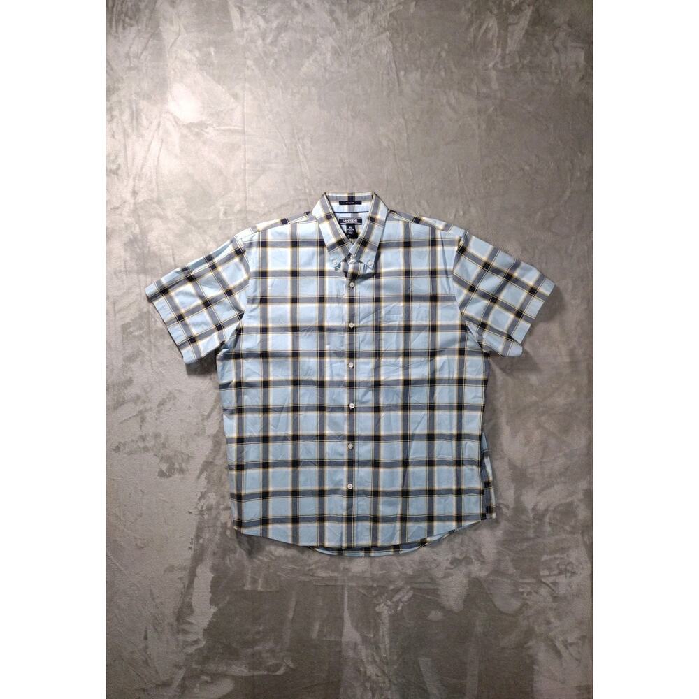 Lands End Shirt XL Blue Plaid Short Sleeve Button Up Traditional Fit Casual